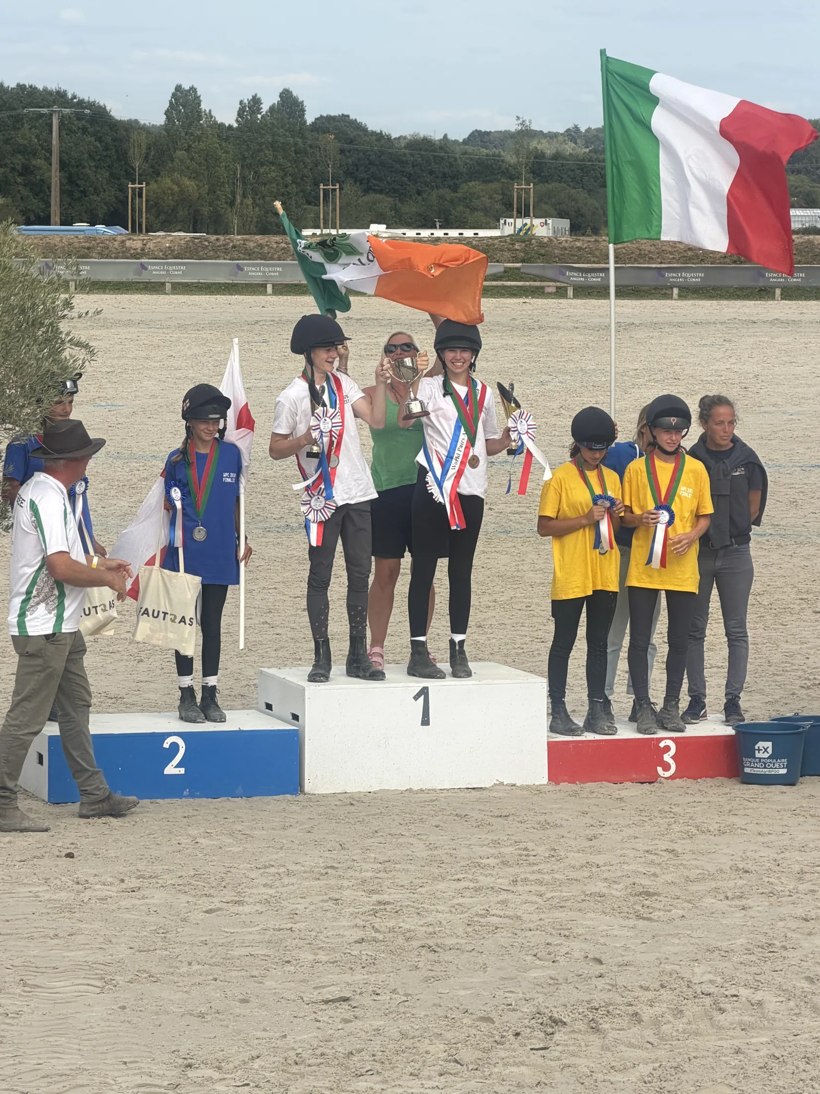 Top of the podium with the Irish tricolour at the World Pairs, Angers.